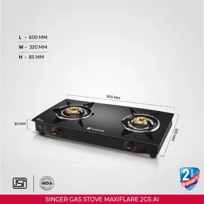 Singer SGS MF2GSAIBE Glass, Stainless Steel Automatic Gas Stove  (2 Burners) Singer SGS MF2GSAIBE Glass, Stainless Steel Automatic Gas Stove  (2 Burners)